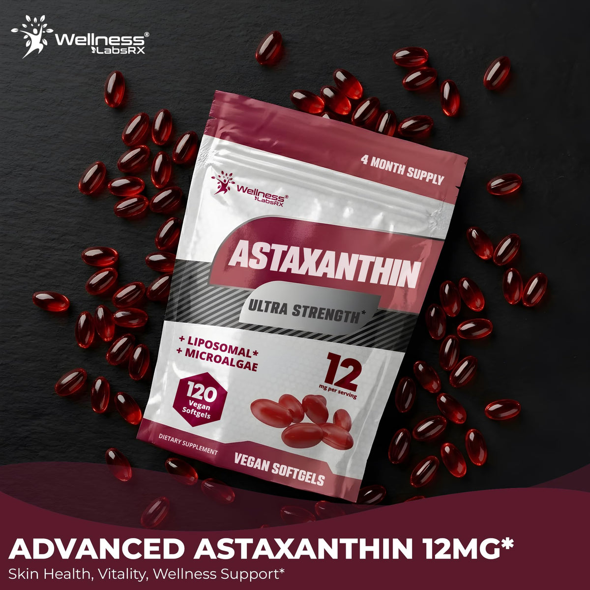 Astaxanthin 12mg, 120 Softgels, 4 Month Supply Axanthanin Supplement