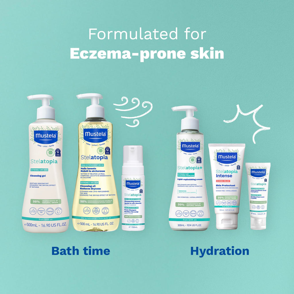 Mustela Stelatopia Eczema-Prone Skin Cleansing Gel - Baby Face & Body Wash with Natural Avocado & Sunflower Oil - Fragrance-Free & Tear Free