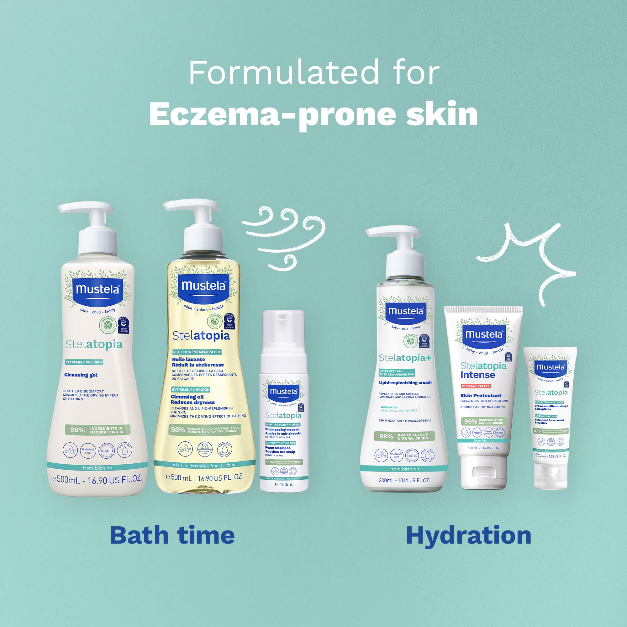 Mustela Stelatopia Eczema-Prone Skin Cleansing Gel - Baby Face & Body Wash with Natural Avocado & Sunflower Oil - Fragrance-Free & Tear Free