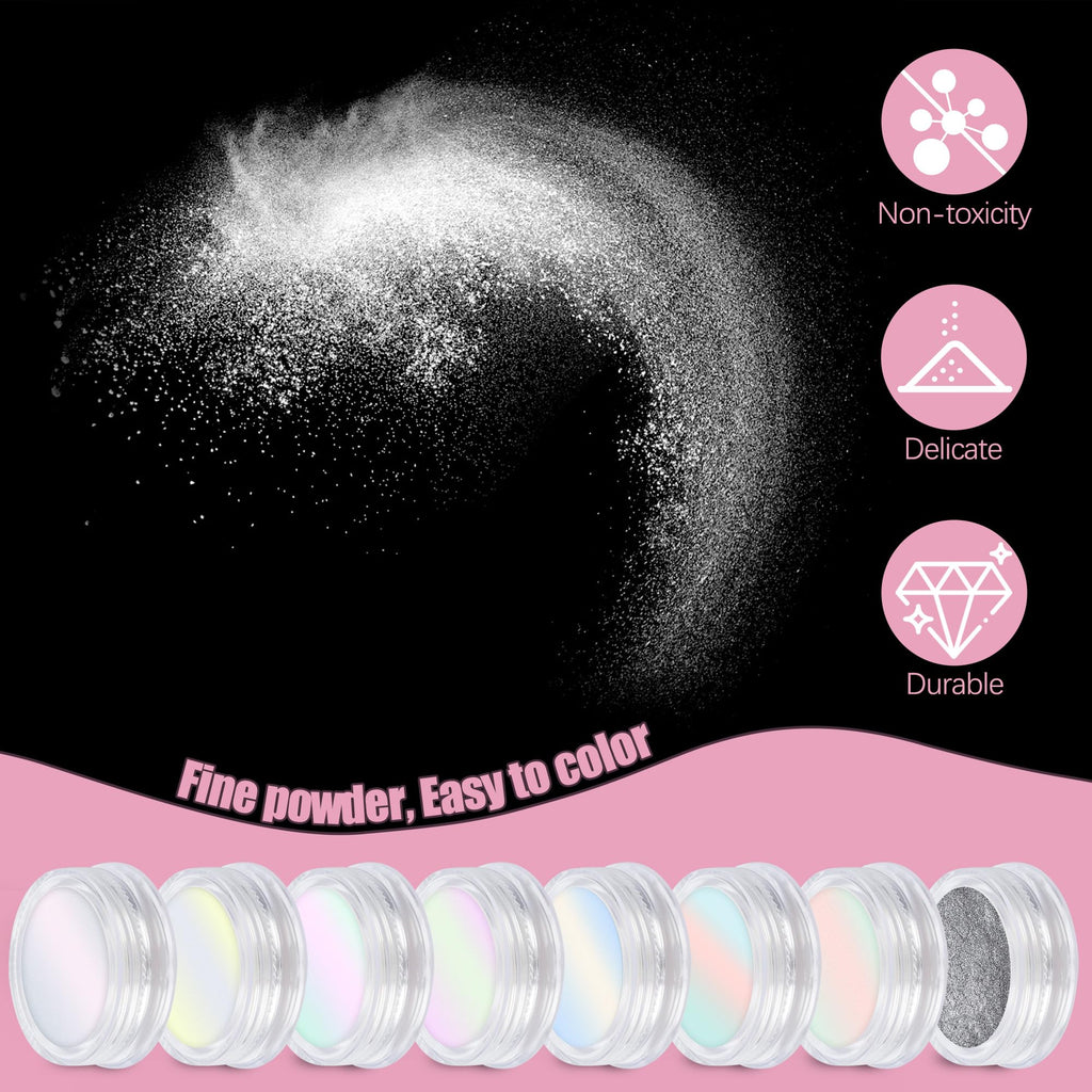 8 Jars Chrome Nail Powder Dip Magic White Pearl Kit Silver Mirror | Metallic Effect Holographic Dip Nail Powder Decoration Iridescent Aurora Mermaid Pigment