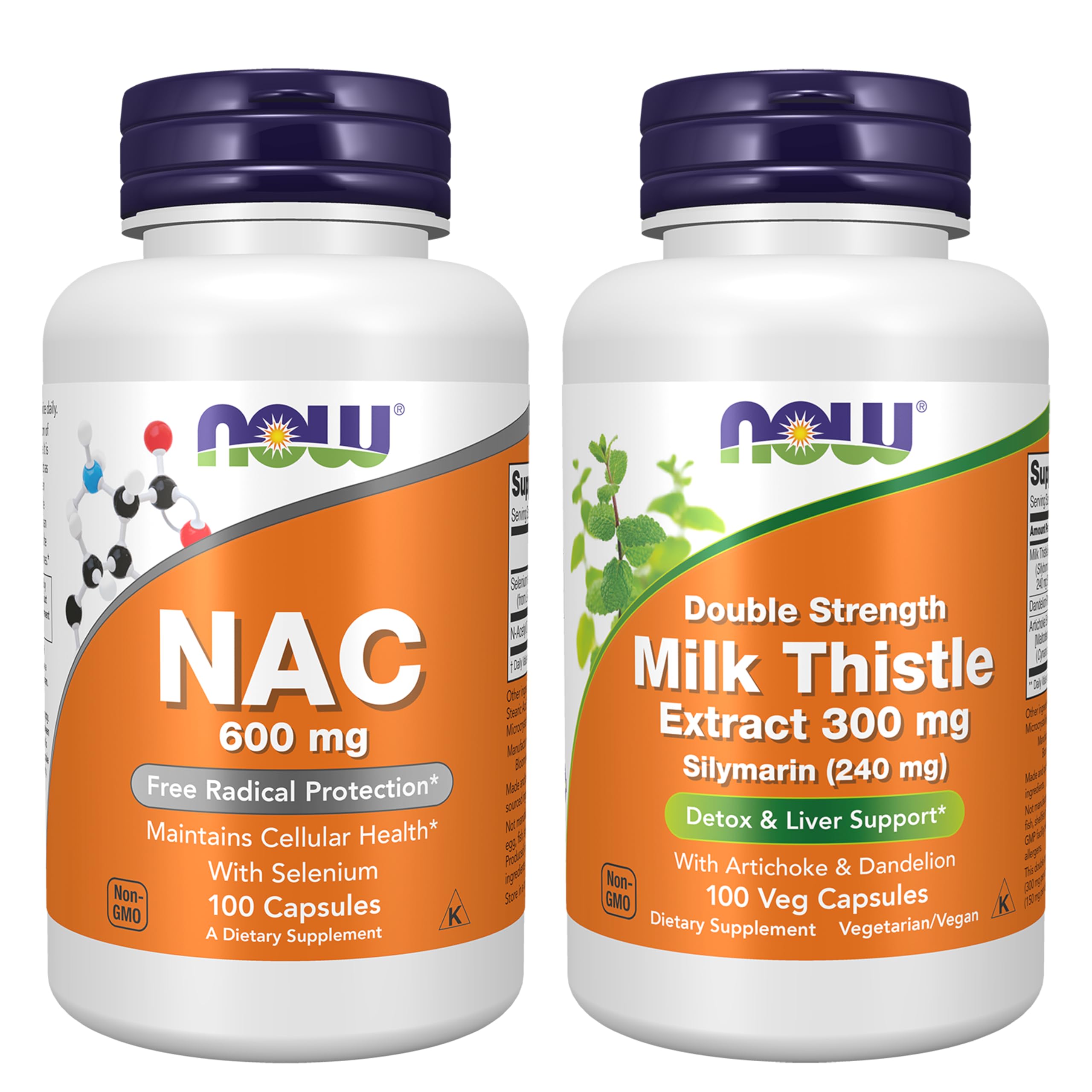 NOW Foods NAC with Selenium + Silymarin Milk Thistle Supplement Bundle | N-Acetyl Cysteine with Selenium 600 mg 100 Caps + Silymarin Milk Thistle Extract with Artichoke and Dandelion 300 mg 100 Caps