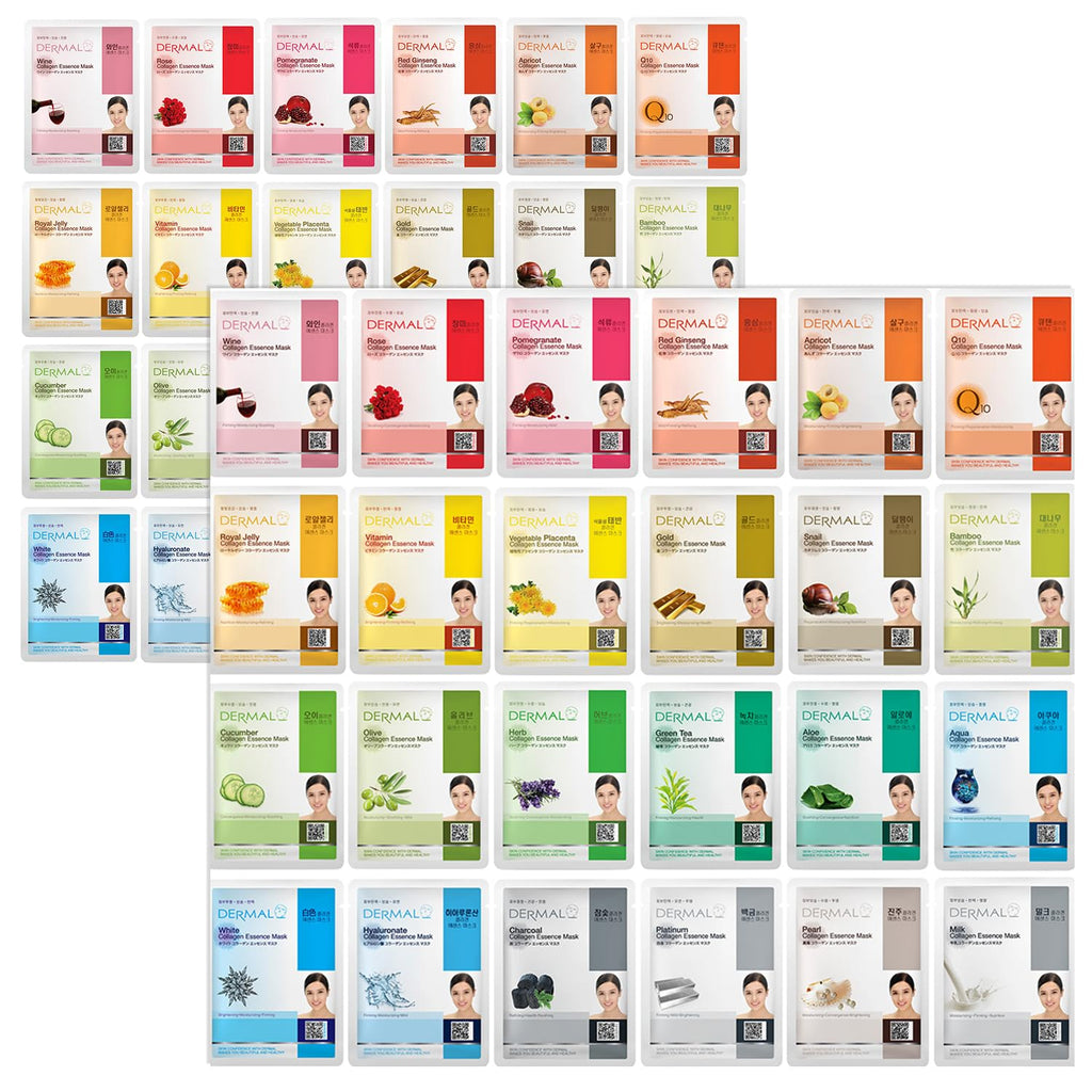 DERMAL 24 Combo Korean Essence Sheet Mask Variety Pack, Collagen & More | 24 individually wrapped essence masks - collagen, hyaluronic, vitamin, snail, aloe, green tea, pearl, charcoal & more