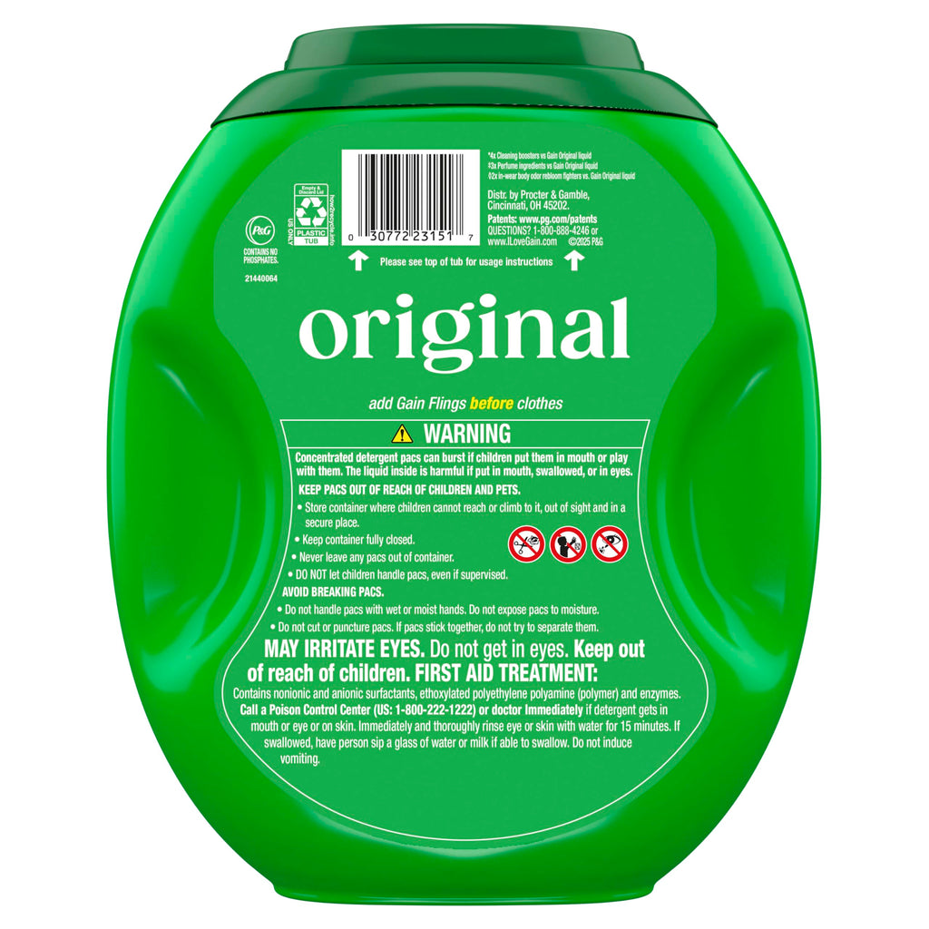 Gain Plus Flings Liquid Laundry Detergent Pacs, Gain's Best Clean, All-In-One, Original Scent, 45 Count