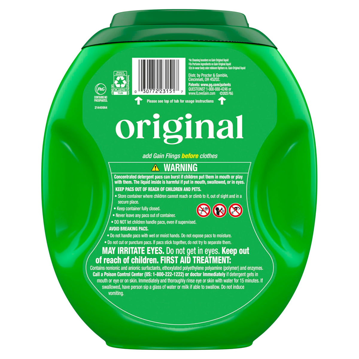 Gain Plus Flings Liquid Laundry Detergent Pacs, Gain's Best Clean, All-In-One, Original Scent, 45 Count