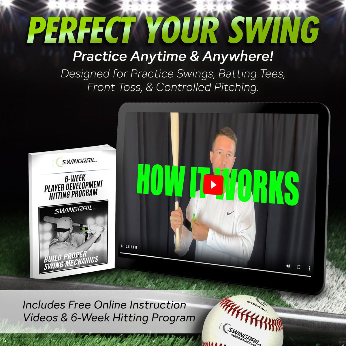 SWINGRAIL Baseball/Softball Hitting Trainer – Swing Trainer Aid for Batting & Hitting Practice – Baseball Training Equipment to Improve Bat Speed, Swing Mechanics, Contact & Timing – For Ages 9 and Up
