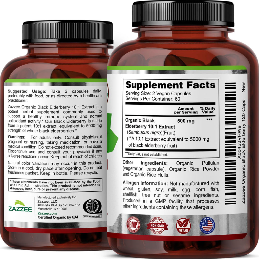 Zazzee USDA Organic Black Elderberry 10:1 Extract, 120 Vegan Capsules