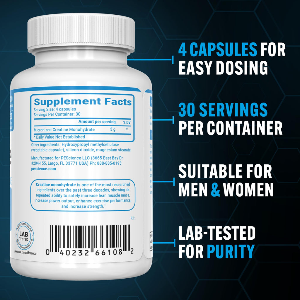 PEScience TruCreatine Creatine Monohydrate Pills, Creapure, 120 Capsules