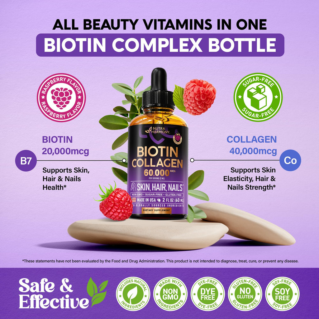 Liquid Biotin & Collagen 60,000mcg - Biotin for Hair Growth Support - 2 Oz | Liquid Collagen Supplement & Biotin - Extra Strength Drops for Women & Men - Strong Nails & Healthy Skin - Raspberry Flavor