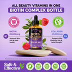 Liquid Biotin & Collagen 60,000mcg - Biotin for Hair Growth Support - 2 Oz | Liquid Collagen Supplement & Biotin - Extra Strength Drops for Women & Men - Strong Nails & Healthy Skin - Raspberry Flavor