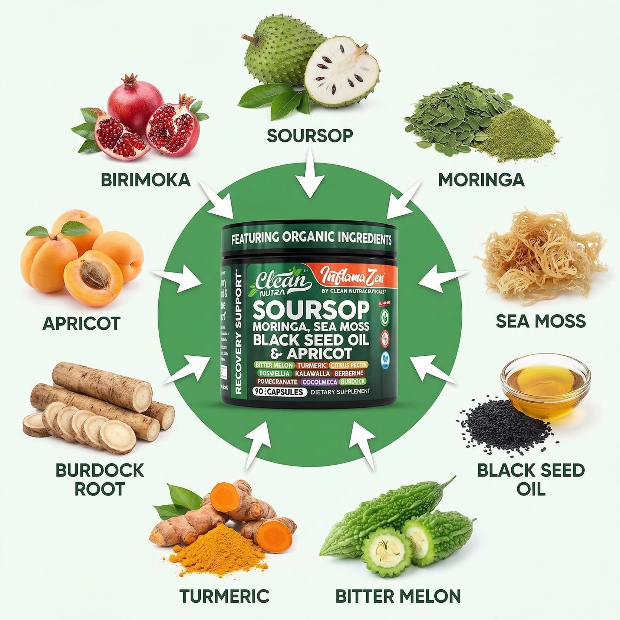 Clean Nutra Soursop Supplement Moringa Sea Moss Black Seed Oil Berberine Turmeric Resveratrol Quercetin Greens Bitters Boswellia Bitter Melon Burdock Root Antioxidant Support 90 Capsules