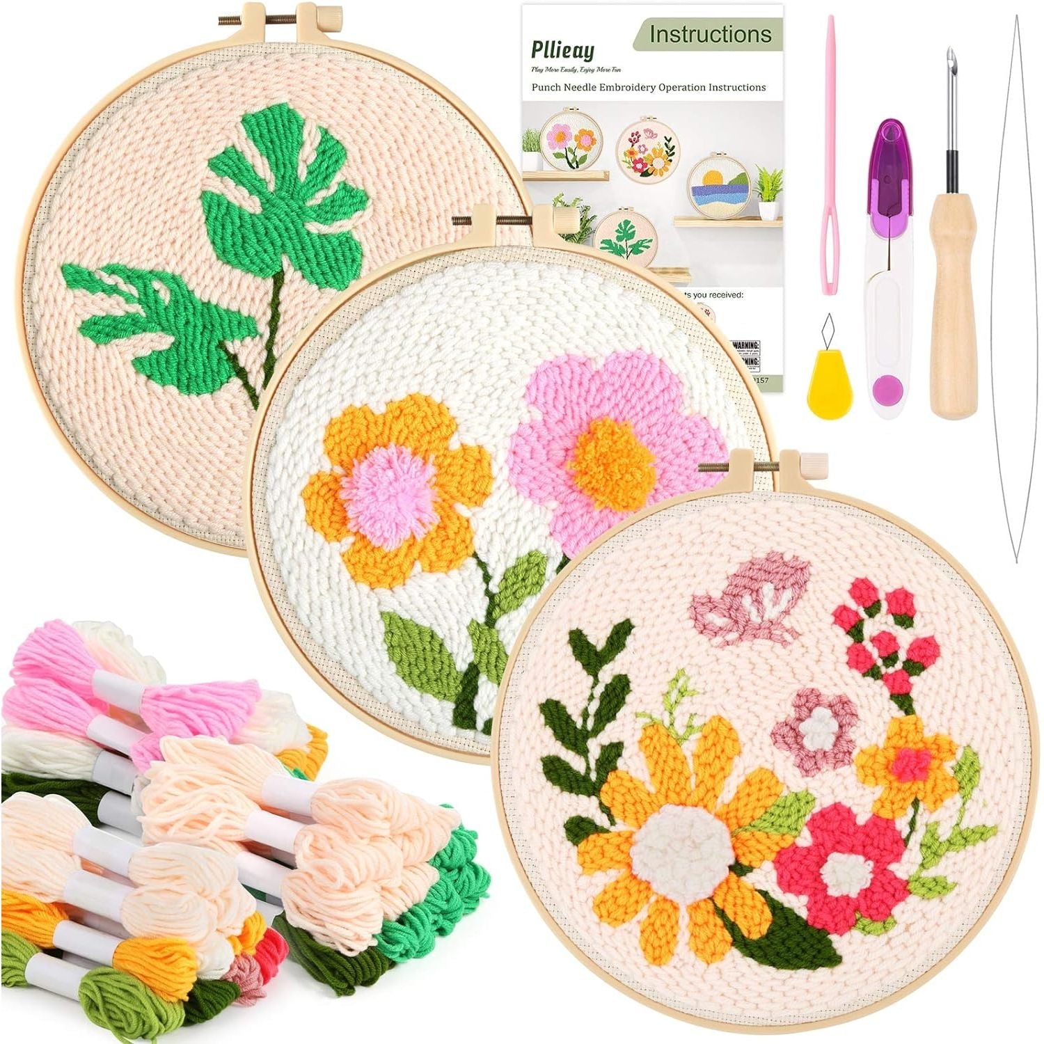 Buy now Pllieay Punch Needle Embroidery Starter Kits for Kids and Adults Beginners, Include Instructions, Punch Needle Fabric with Floral Pattern, Yarns, Embroidery Hoops and Threader Tools 3 Style at indiglob india