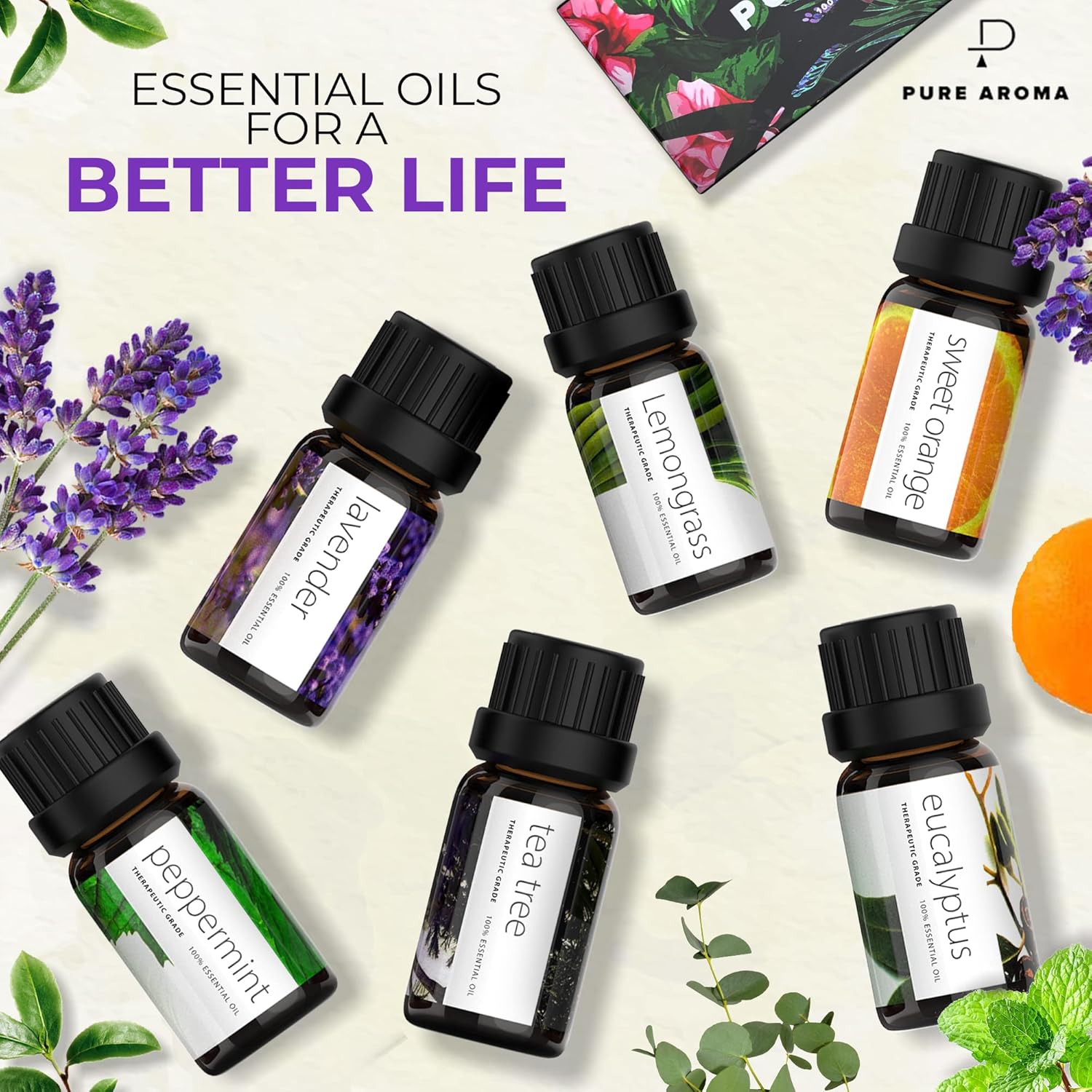 Buy now Essential Oils Set by Pure Aroma - Top 6 Aromatherapy Oils Gift Set-6 Pack, 10ml (Eucalyptus, Lavender, Lemongrass, Sweet Orange, Peppermint, Tea Tree) at indiglob india