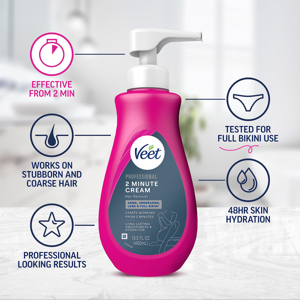 VEET Professional 2 Minute Cream for All Skin Types with Shea Butter, Effective Full Bikini & Pubic Hair Removal, Dermatologically Tested, 13.5 FL OZ Bottle w/Spatula