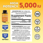 Viva Naturals Vitamin D3 5000 IU Softgels, 360 Count (125 mcg), Supports Bone & Immune Health, High Potency Vitamin D