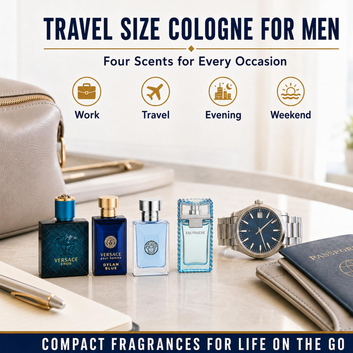 Versace Cologne for Men Set of 4 Mini Eros, Pour Homme, Dylan Blue, Eau Fraiche Perfume for Men Fragrance Sampler Set - Designer Mens Cologne Samples (4 Count, 0.17 oz)