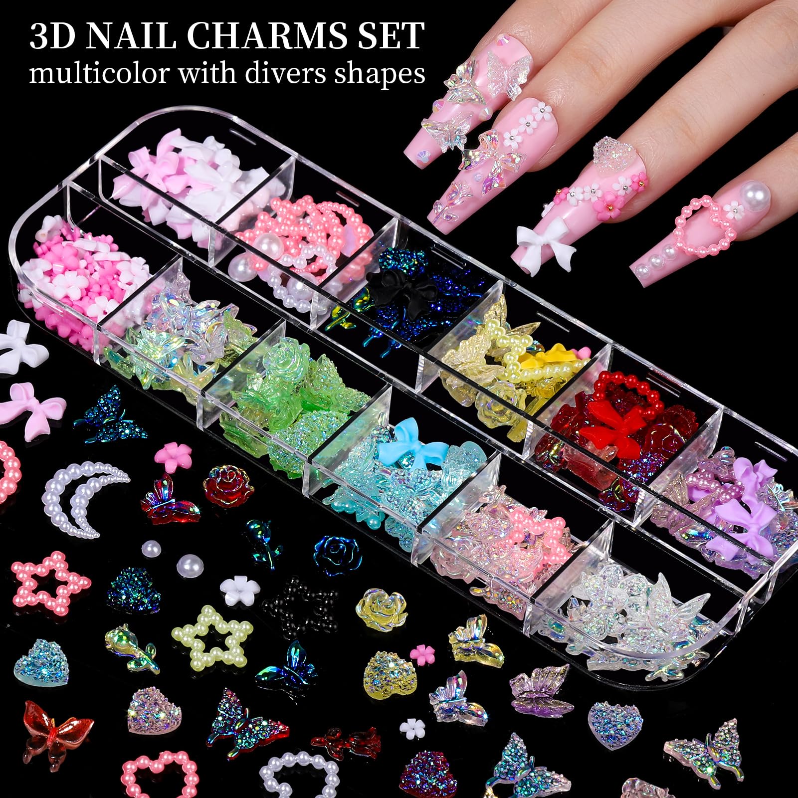 FANDAMEI Nail Charms, Nail Rhinestones Kit with 8 Boxes of Nail Gems, Bedazzling Kit for Nails, Colorful Clear Flatback Rhinestones, Charms Y2K for Nails, Multi Shape Nail Art Accessories for Crafts