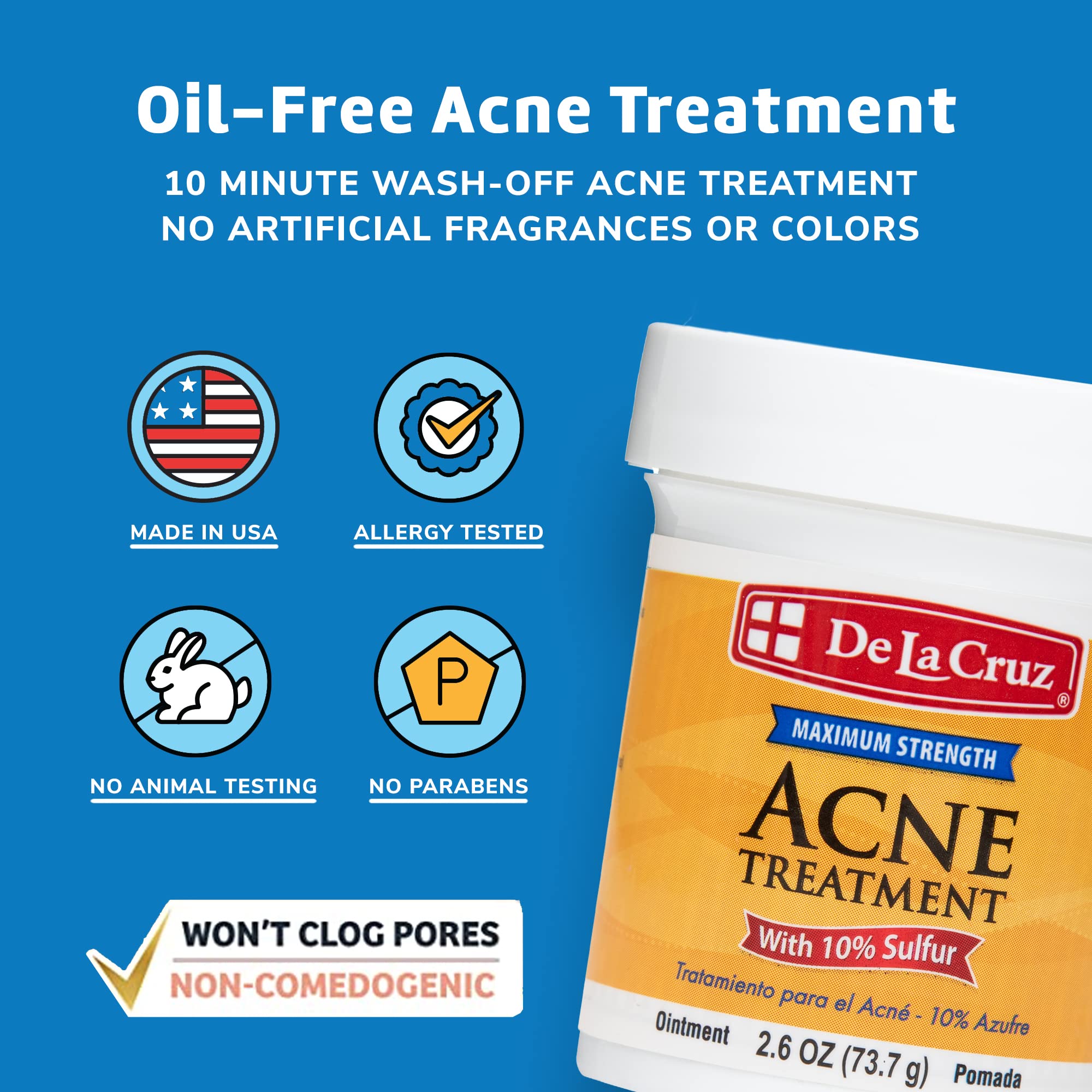 De La Cruz 10% Sulfur Ointment, Cystic Acne Treatment Face, Body 2.6oz jar | Maximum Strength Sulfur Acne Treatment, Helps Clear Pimples, Antibacterial & Anti-inflammatory, Non-Comedogenic, Made in USA