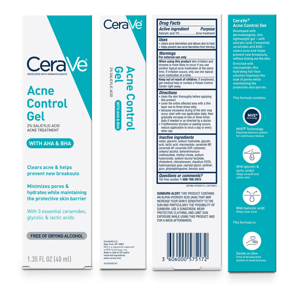 CeraVe Acne Control Gel, Salicylic & Glycolic Acid Face Treatment, 1.35oz | Niacinamide and Lactic Acid Formula Acts As A Face Exfoliator and Pore Minimizer For Face To Clear Stubborn Acne