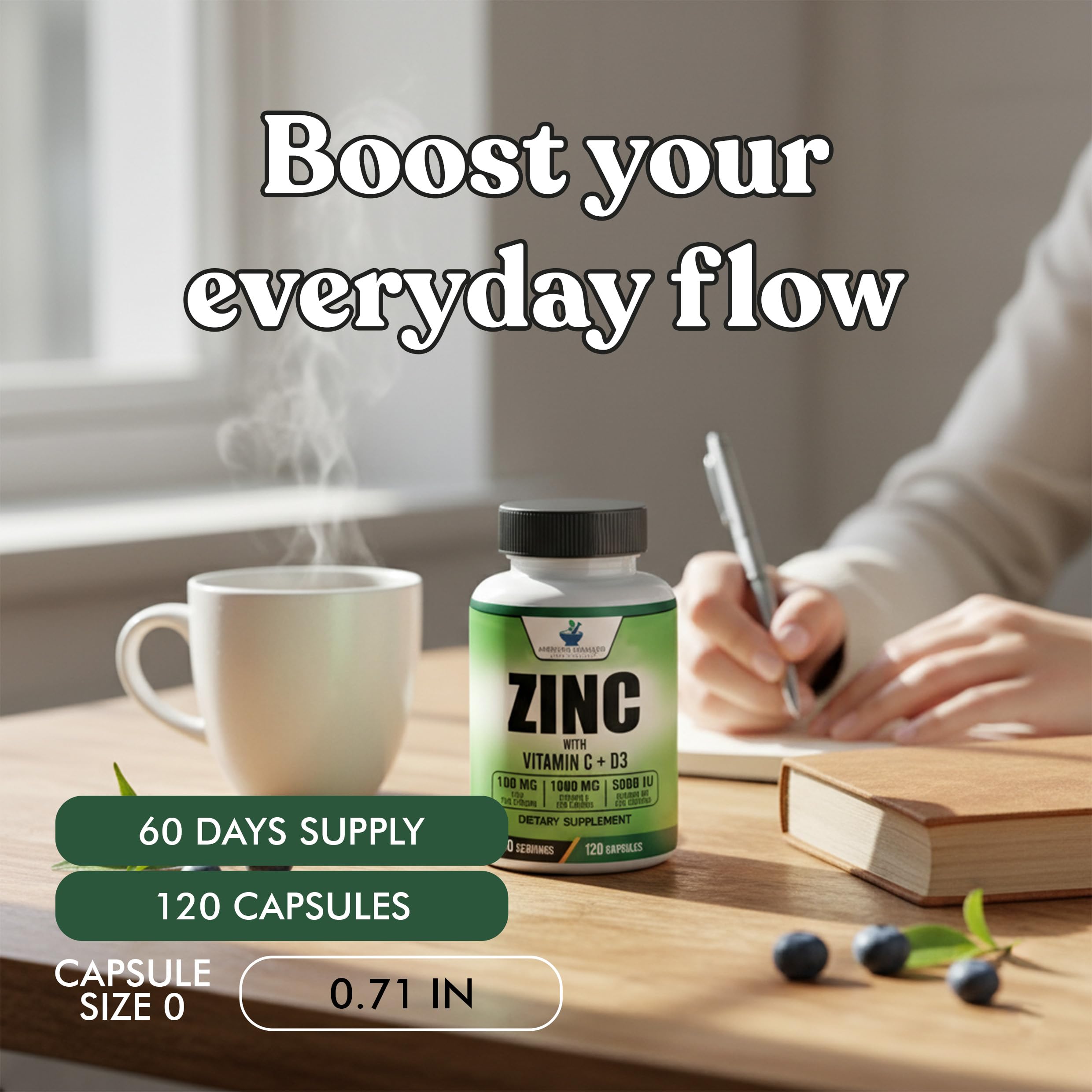 American Standard Supplements Zinc 100mg, Vitamin C 1000mg, and Vitamin D3 5000 IU (125mcg) Per Serving - Gluten Free, Non-GMO, 120 Capsules, 60 Servings