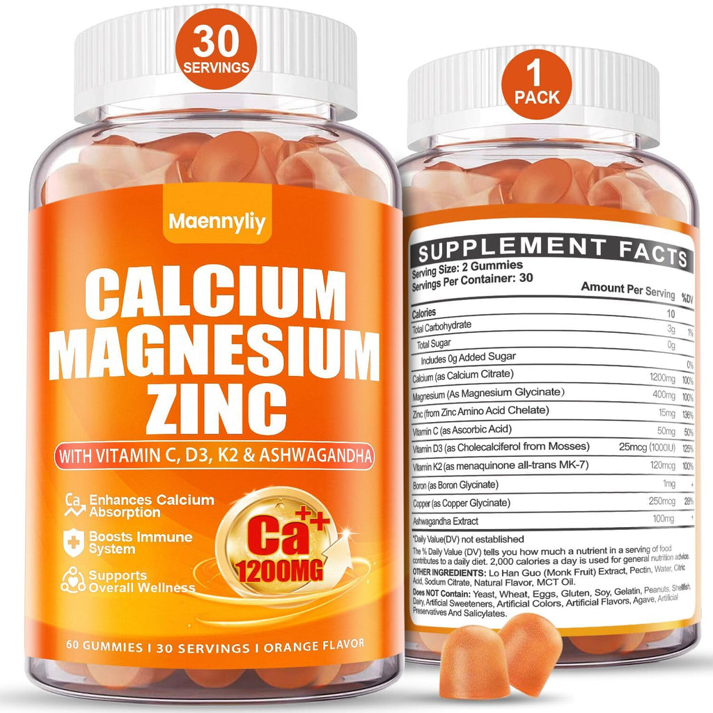Calcium 1200 mg with Vitamin D3 for Adults - Calcium Citrate Gummies | with Vitamin D3, K2, Magnesium, Zinc, Boron, Copper and Ashwagandha - Extra Absorption Calcium Supplement for Women Men