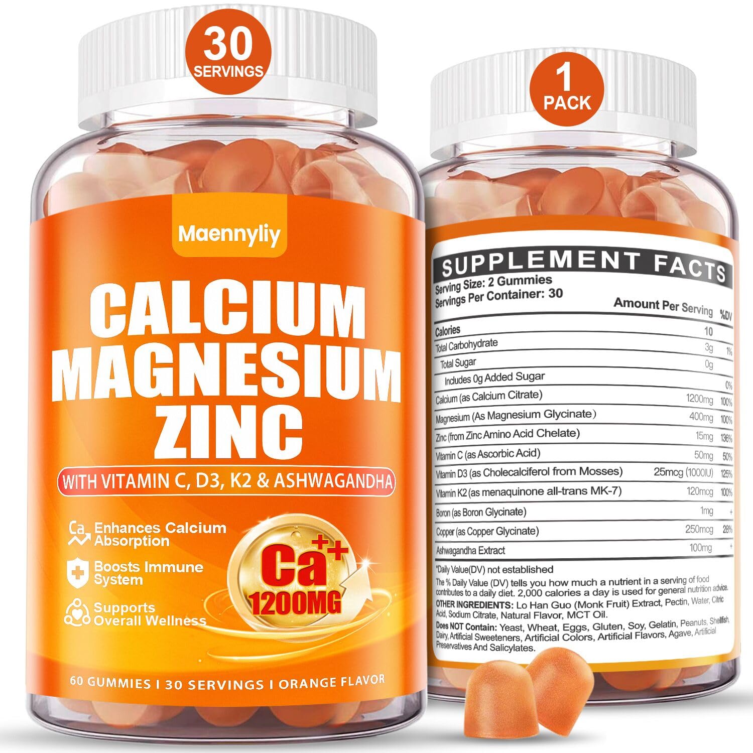 Calcium 1200 mg with Vitamin D3 for Adults - Calcium Citrate Gummies | with Vitamin D3, K2, Magnesium, Zinc, Boron, Copper and Ashwagandha - Extra Absorption Calcium Supplement for Women Men