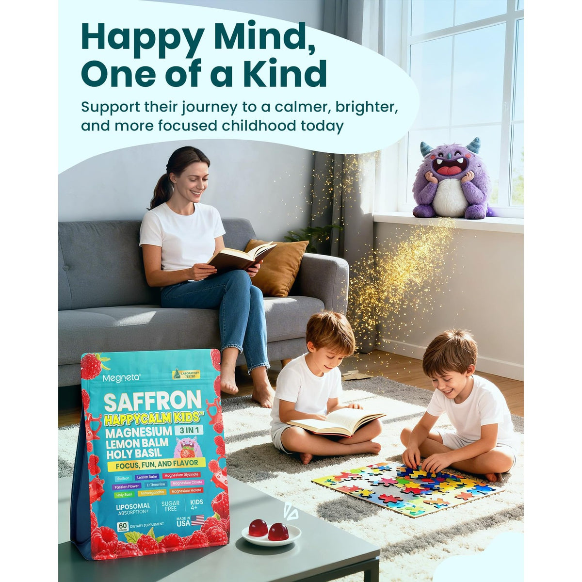 Saffron Gummies Kids & Happy Calm, Magnesium Gummies for Kids, 60 Days