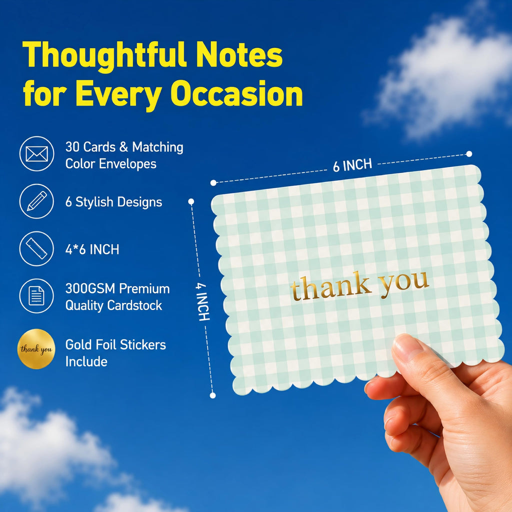 30 Thank You Cards with Matching Color Envelopes, Gold Foil Stickers & Storage Box, 4x6 Inch Thank You Notes, 6 Scalloped-Edge Designs, Blank Inside for Personal & Small Business Use
