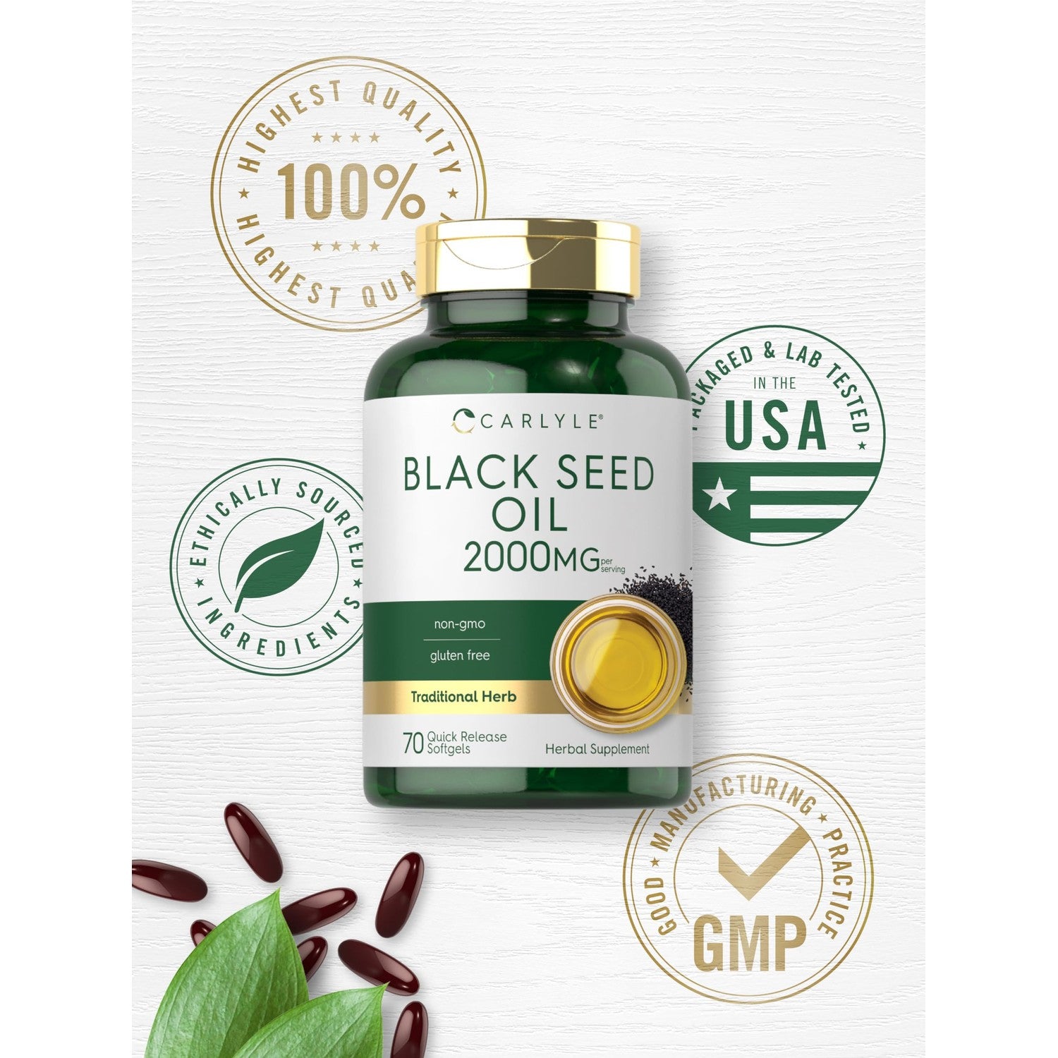 Carlyle Black Seed Oil Softgel Capsules | 2000mg | 70 Pills | For Women & Men | Non-GMO, Gluten Free Herbal Supplement