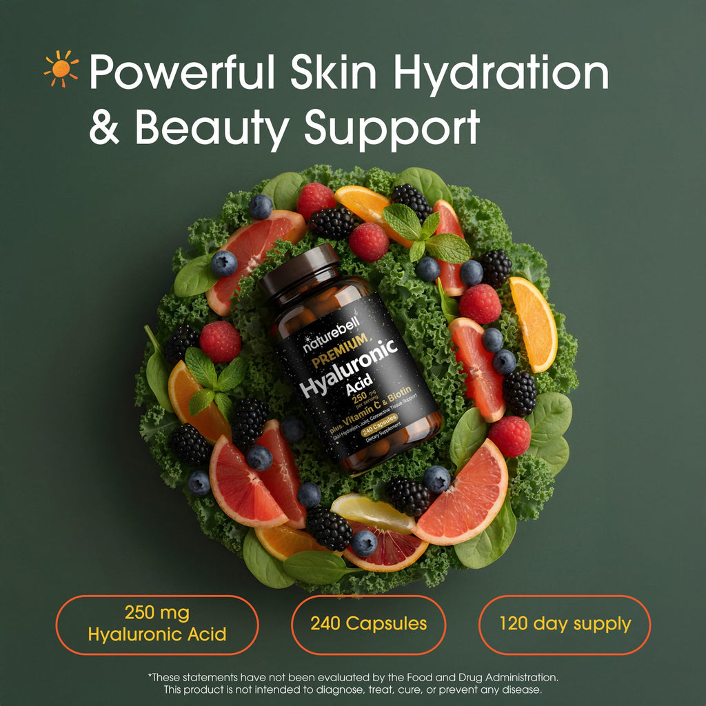 NatureBell Hyaluronic Acid 250mg - 240 Capsules - 250mg Hyaluronic Acid for Skin* - 5000mcg Biotin for Hair Growth* - 25 mg Vitamin C - Supports Bone, Eye & Joint Health*