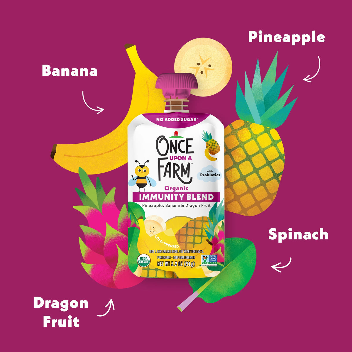 Once Upon a Farm Organic Pineapple Banana Dragon Fruit Immunity Blend Kids Snack, 3.2oz Pouch