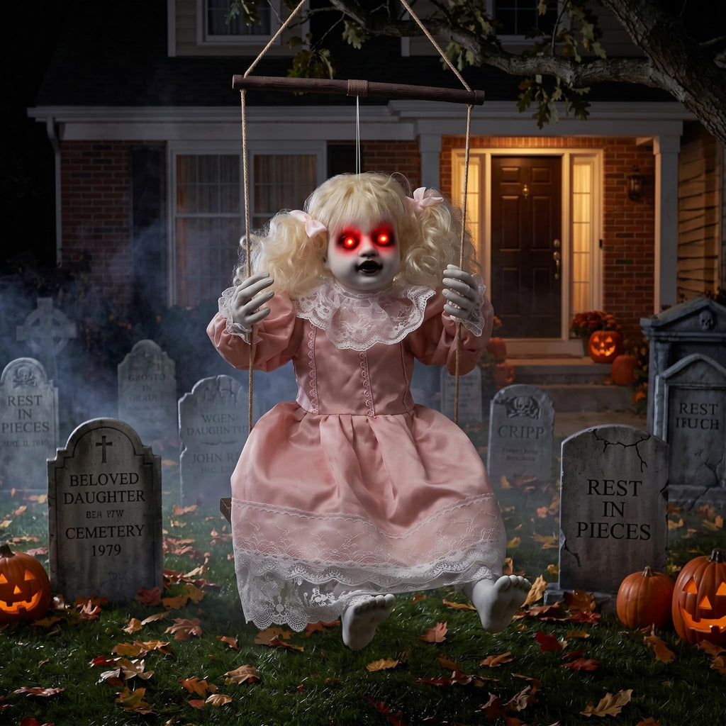 TW SHINE Halloween Animatronic Doll Decorations Outdoor, Animated Hanging Swinging Girl with Lighted Eyes Creepy Sounds, Sound Activated Scary Halloween Prop Decor for Outside Indoor Haunted House
