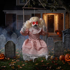 TW SHINE Halloween Animatronic Doll Decorations Outdoor, Animated Hanging Swinging Girl with Lighted Eyes Creepy Sounds, Sound Activated Scary Halloween Prop Decor for Outside Indoor Haunted House