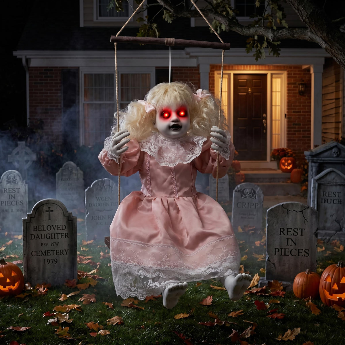 TW SHINE Halloween Animatronic Doll Decorations Outdoor, Animated Hanging Swinging Girl with Lighted Eyes Creepy Sounds, Sound Activated Scary Halloween Prop Decor for Outside Indoor Haunted House