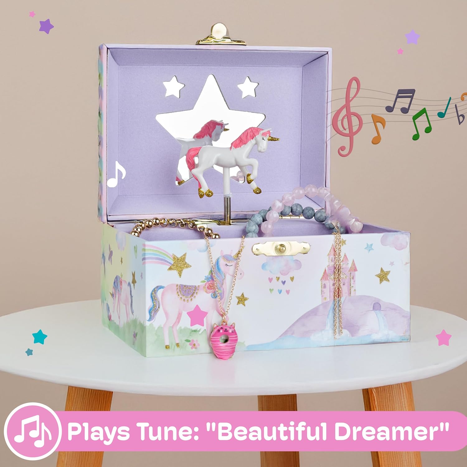 Buy now Jewelkeeper Musical Jewelry Box for Girls with Spinning Unicorn, Glitter Rainbow and Stars Design Music Box for Necklace, Earrings, and Accessories, Plays The Beautiful Dreamer Tune at indiglob india