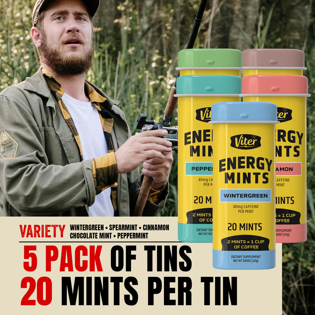 Viter Energy Caffeine Mints 40mg Variety Pack, Sugar Free, 5 Tins, 100ct