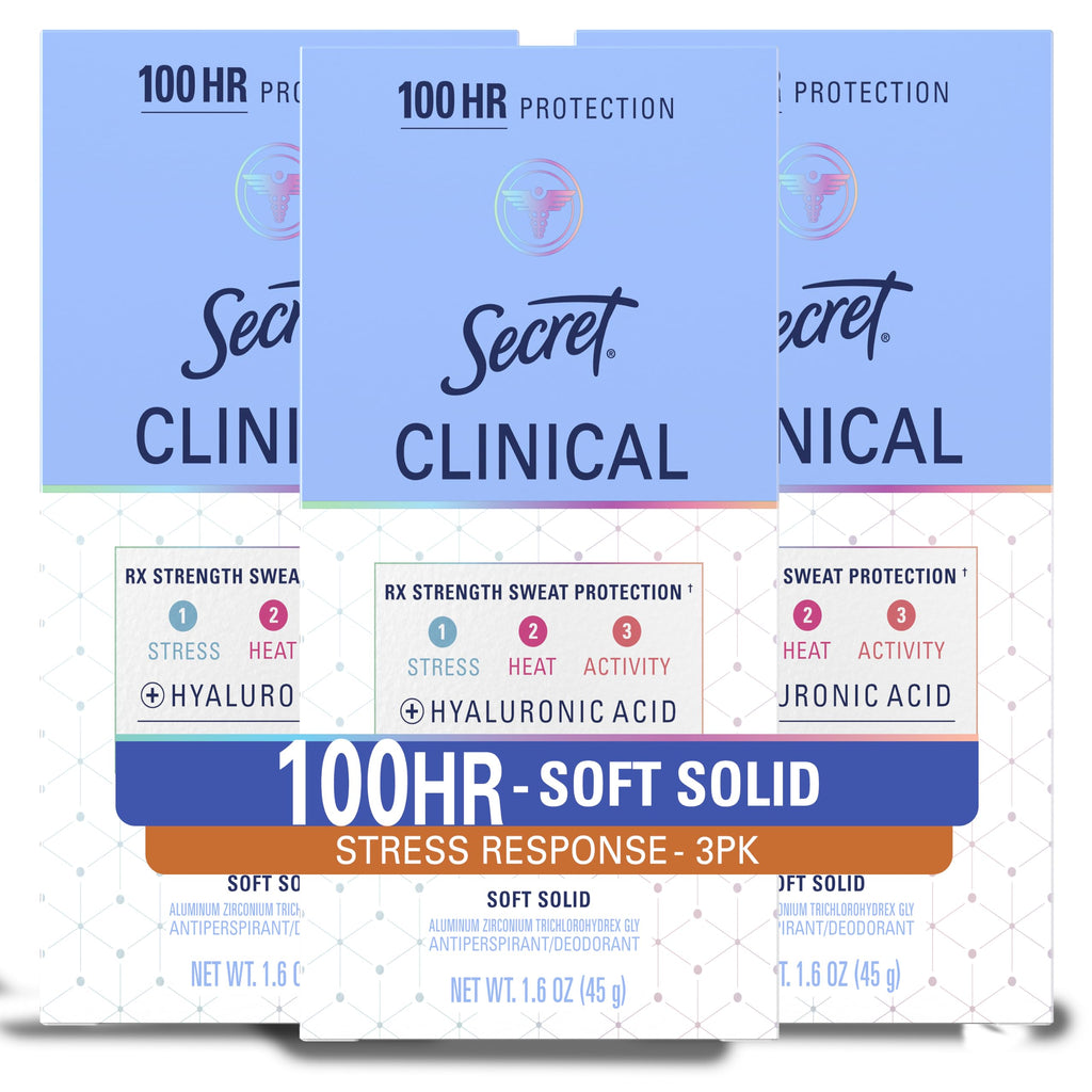Secret Clinical Strength Antiperspirant Deodorant for Women, Stress Response, 3X Stress & 72hr Sweat & Odor Protection, PH Balancing Minerals, Soft Solid, 1.6 oz (Pack of 3)