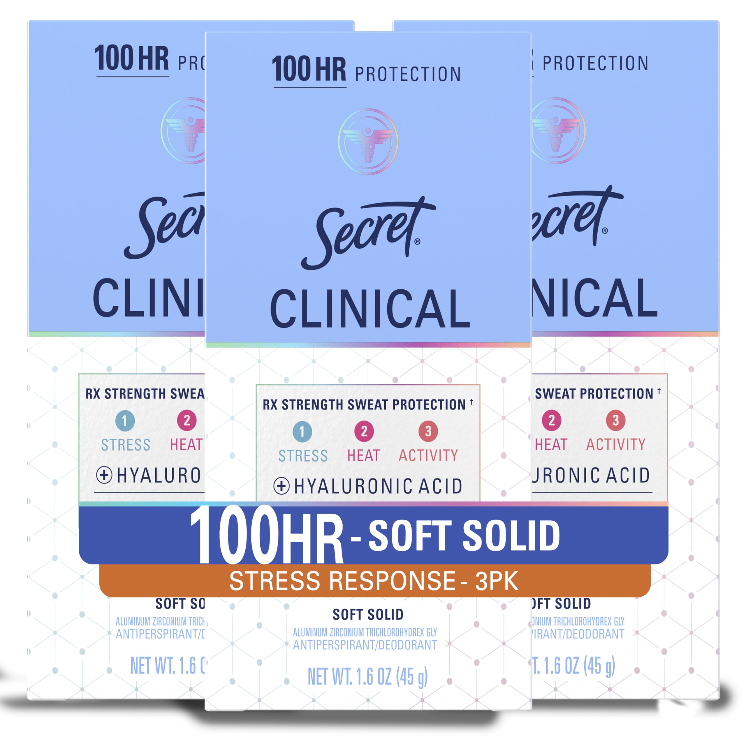 Secret Clinical Strength Antiperspirant Deodorant for Women, Stress Response, 3X Stress & 72hr Sweat & Odor Protection, PH Balancing Minerals, Soft Solid, 1.6 oz (Pack of 3)
