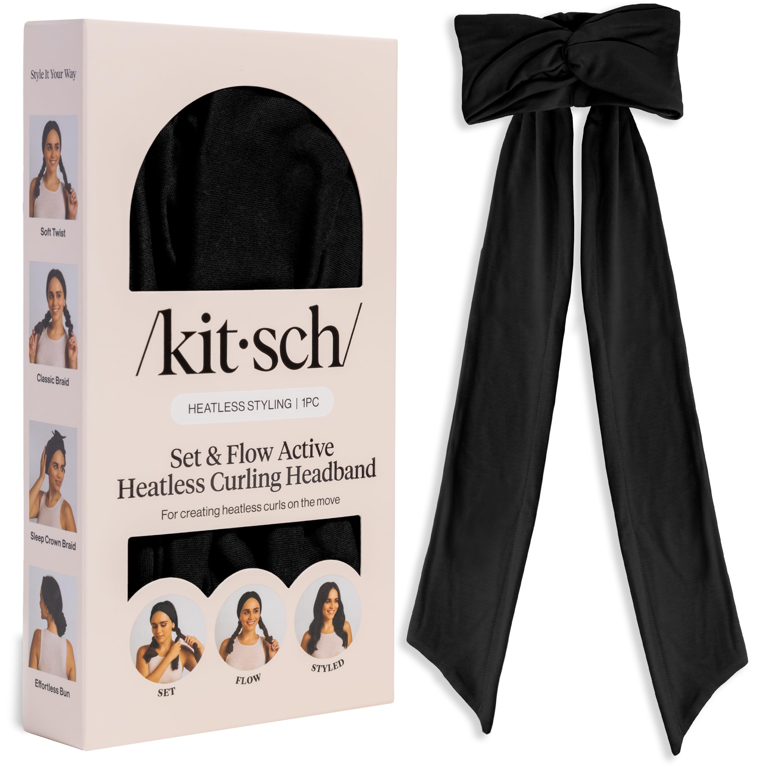 Kitsch Set & Flow Active Heatless Curling Headband For Women - Brown, 1pc | Soft, Breathable Cotton Head Bands For Women's Hair – Stretchy Fit, Achieves Curls Overnight – Gym-To-Glam In Minutes