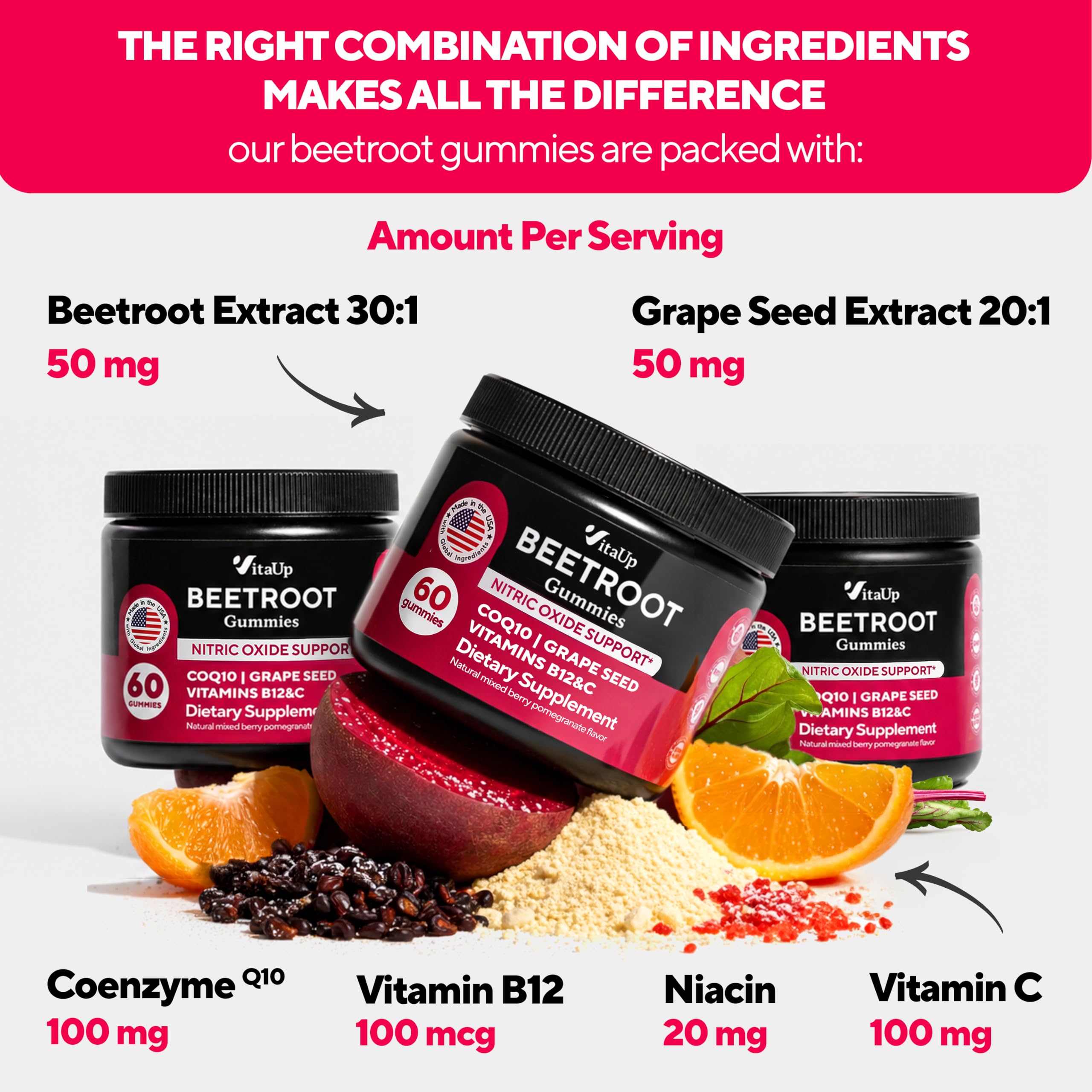Beet Root Gummies – Beetroot Gummies with CoQ10, Grape Seed, Vitamin C, B12 & B3 – Beets Gummies for Circulation, Energy & Immune Support – 60 Beets Chews – Pack of 3