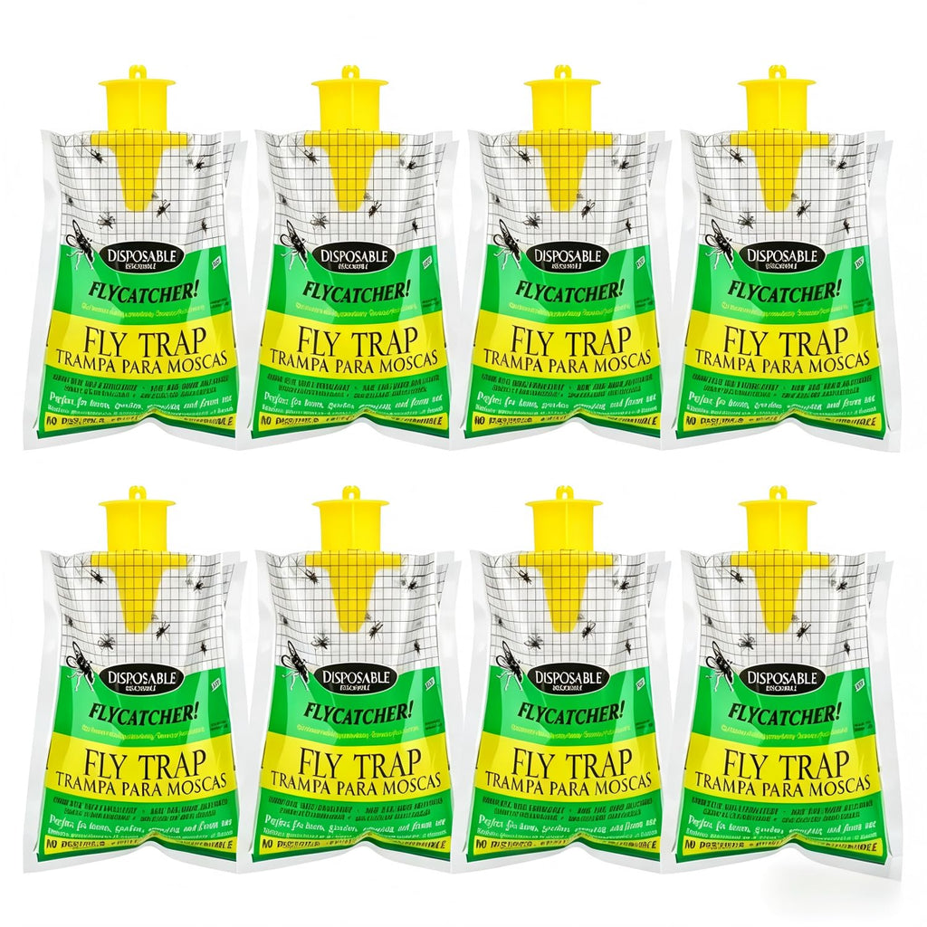 8-Pack Hanging Fly Trap Set with Disposable Bags; Includes Bait, Non-Toxic; Ideal for Backyards, Farms, Barns, Patios, and Gardens