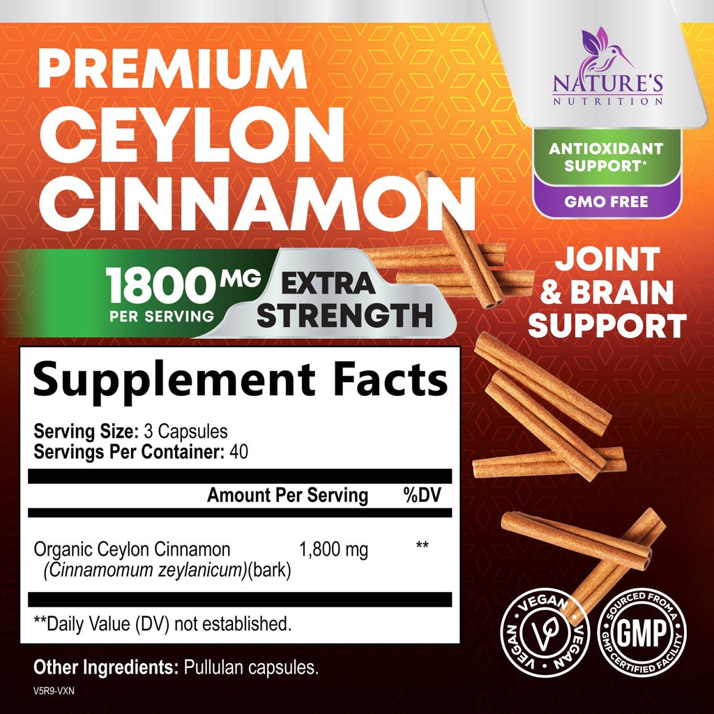 Organic Ceylon Cinnamon Capsules - Extra Strength Certified Organic Ceylon Cinnamon Supplement 1800mg Per Serving - Energy & Heart Support Antioxidant Pill for Women & Men, Bottled USA - 120 Capsules