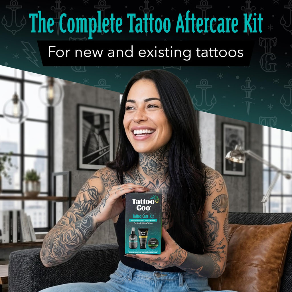 Tattoo Goo Tattoo Aftercare Kit, 3 Piece Set, Includes Antimicrobial Soap, Tattoo Balm & Healing Lotion, Main Vibrant Color & Glow, Complete Kit for Fresh Ink, Ongoing Ink Maintenance & Piercing Care