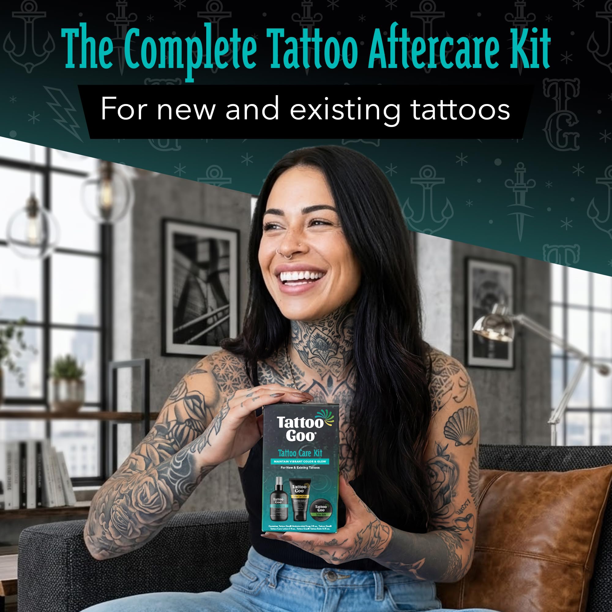 Tattoo Goo Tattoo Aftercare Kit, 3 Piece Set, Includes Antimicrobial Soap, Tattoo Balm & Healing Lotion, Main Vibrant Color & Glow, Complete Kit for Fresh Ink, Ongoing Ink Maintenance & Piercing Care