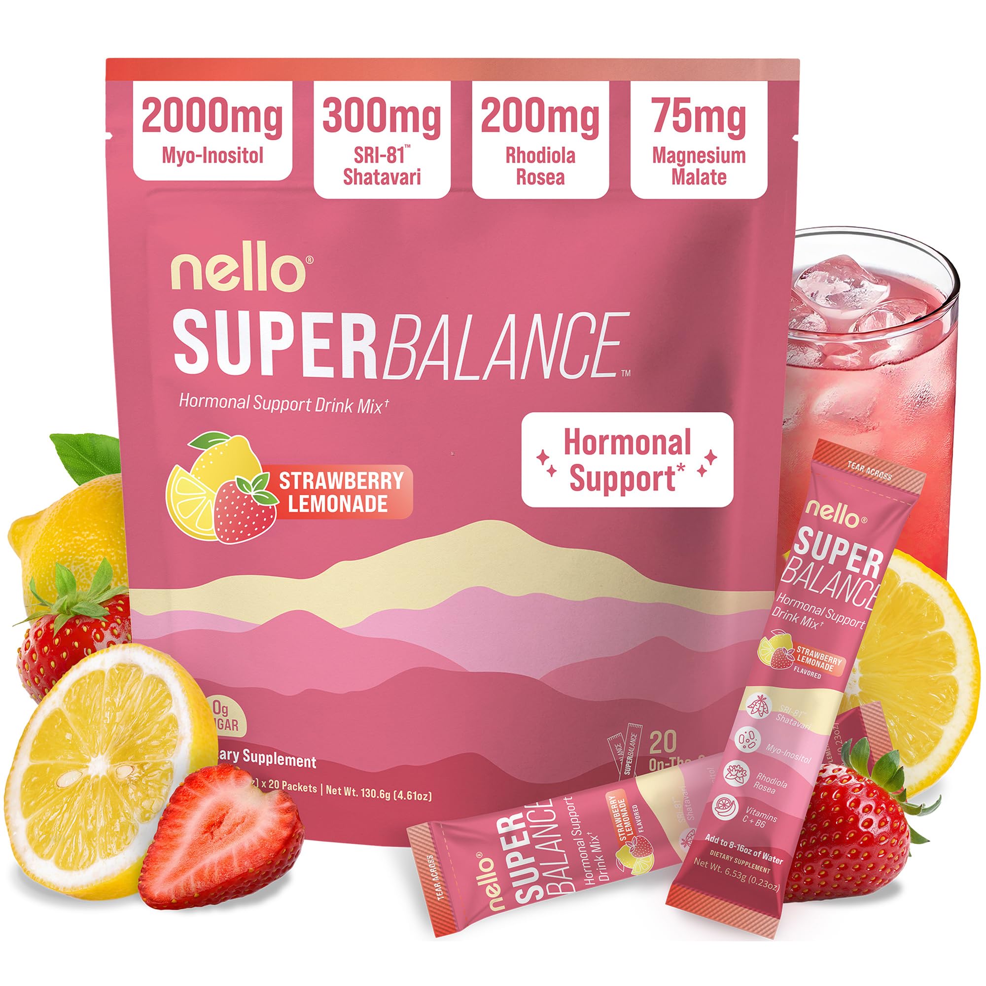 Nello Superbalance Hormonal Support Drink Mix, SRI-81 Shatavari, Myo-Inositol, Rhodiola Rosea, Vitamin C, Magnesium, Theobromine (20 Servings, Cran Apple)