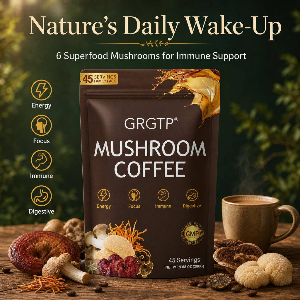 GRGTP Mushroom Coffee - Superfood Blend with 6 Adaptogens (Cordyceps, Lion's Mane, Reishi Other) | Jitter-Free Energy, Enhanced Focus, Digestion & Immunity Support | 45 Servings, Vegan, Gluten Free, Non-GMO | Smooth Flavor