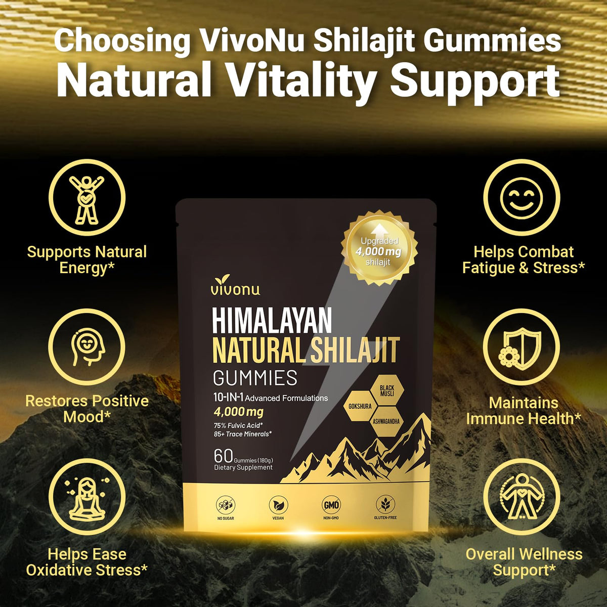 Himalayan Shilajit Gummies with Ashwagandha & Gokshura | 85+ Trace Minerals & Fulvic Acid | Organic, Non-GMO Micronutrient Supplement for Men & Women | 100% Pure & Natural(4kMG /1 Bag)