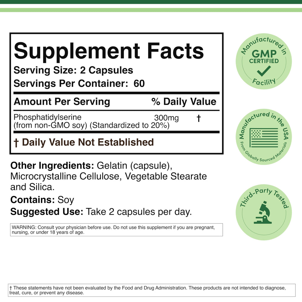 Phosphatidylserine 300mg, Memory, Focus + Cortisol Support, 120 Capsules | Memory, Focus + Cortisol Supplement, NSF Certified, Calm, Restful Sleep Taken PM, 2 Small Caps, Builds Over 1-4 Weeks