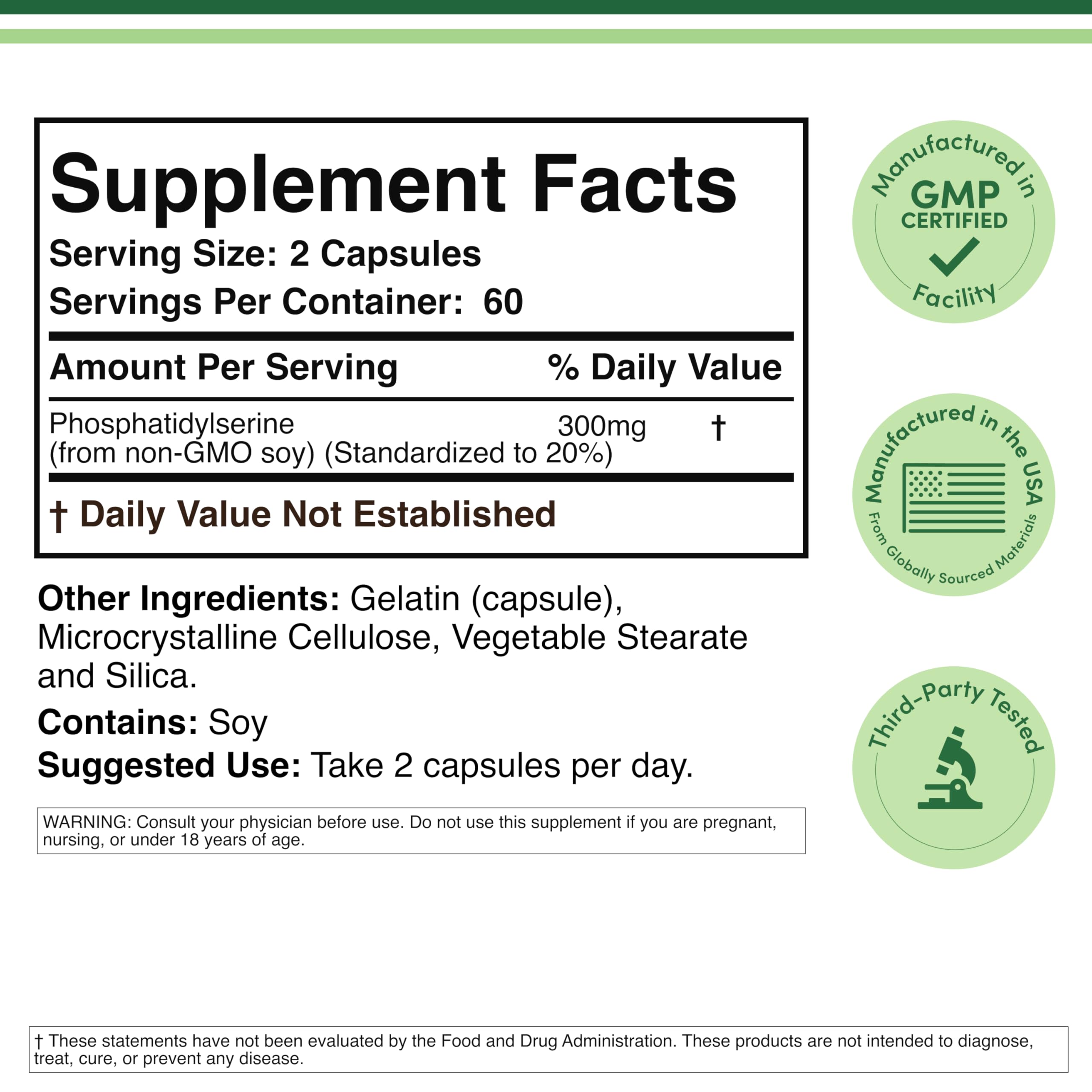 Phosphatidylserine 300mg, Memory, Focus + Cortisol Support, 120 Capsules | Memory, Focus + Cortisol Supplement, NSF Certified, Calm, Restful Sleep Taken PM, 2 Small Caps, Builds Over 1-4 Weeks