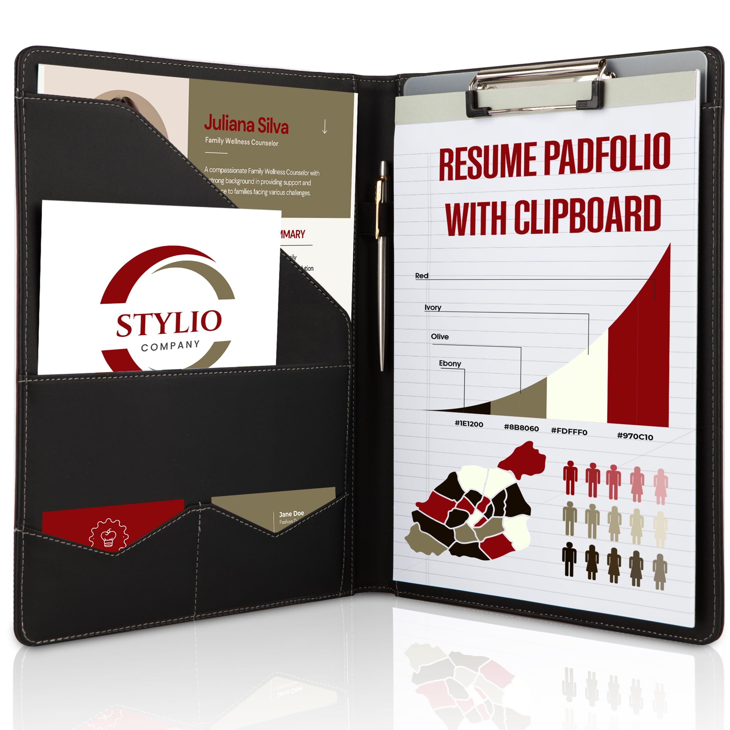Buy now STYLIO Padfolio Portfolio Organizer Binder | Interview Resume Folder, Legal Document, Business Card Holder |w/Letter-Sized Notepad | Handsome Piano Noir Faux Leather Folio Matte Finish, Accent Stitch Padfolio w Clipboard (12.5" x 9.7" x 1") Black at indiglob india