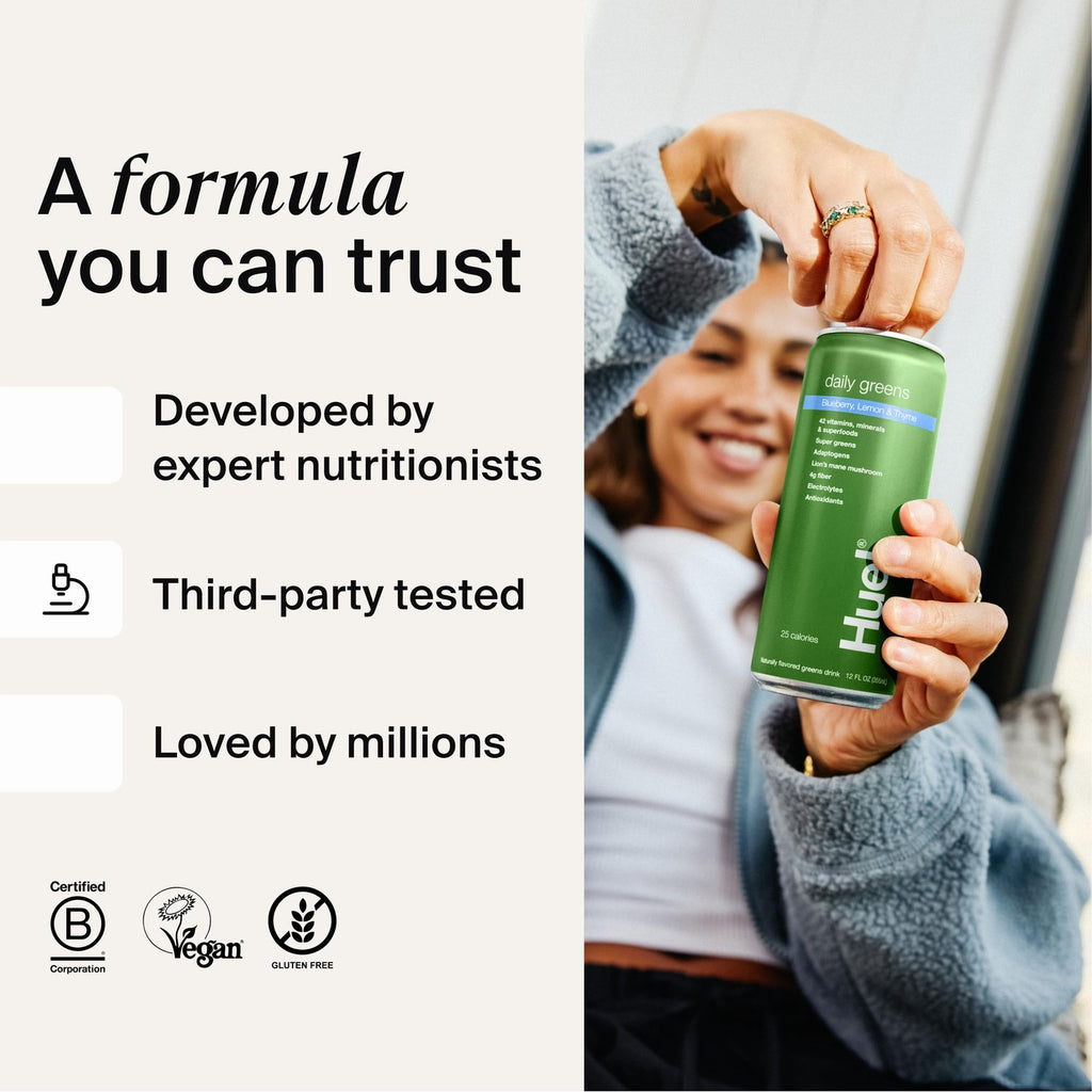 Huel Daily Greens Ready-to-Drink | Superfood Super Greens | 4g Fiber | Blueberry Lemon Thyme | 12 fl oz - 12 Pack | 42 Vitamins, Minerals, and Superfoods | Adaptogens, Antioxidants, & Probiotics